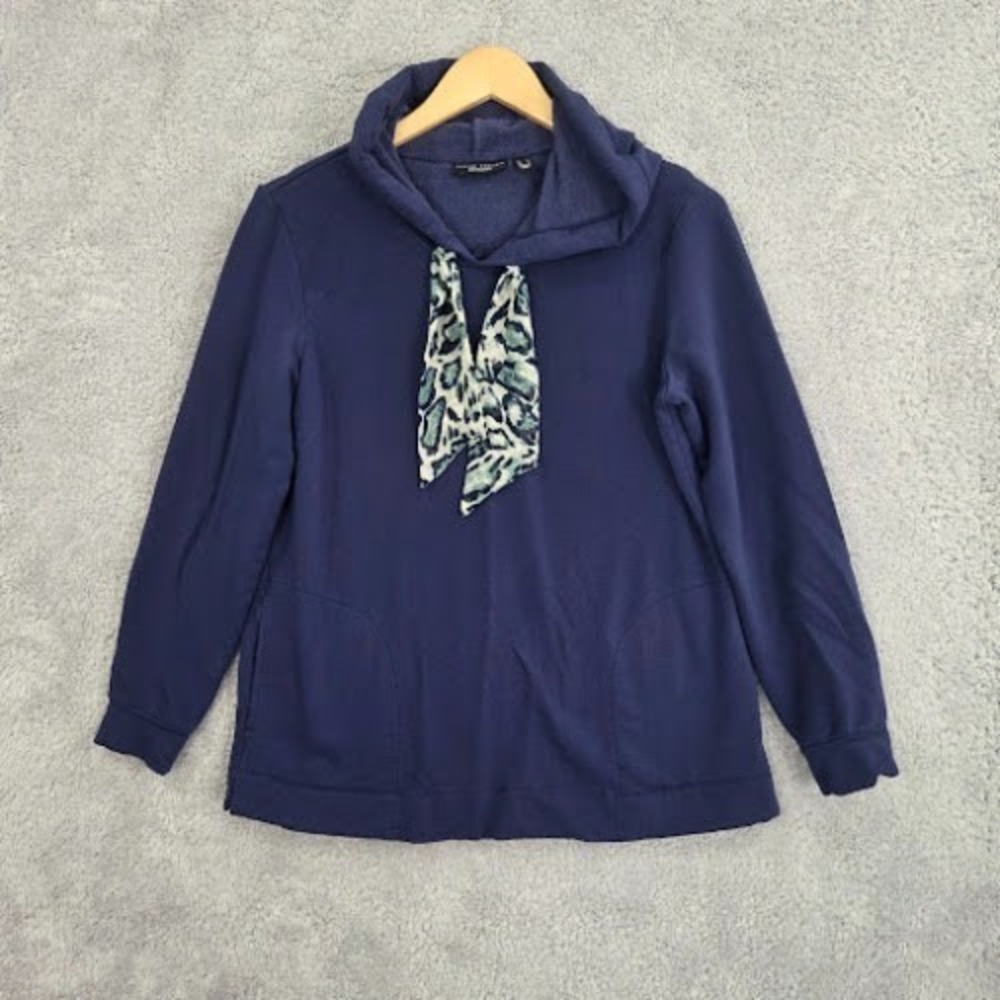 Susan Graver Weekend Hoodie Women's XS Navy Blue Leopard Print Tie Neck Pockets